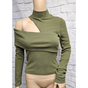 SHOWPO 6 S DK GREEN RIBBED STRETCH MOCK NECK CUT OUT SLIM FIT COLD SHOULDER TOP